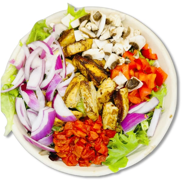 A Salad Fox bowl filled with grilled chicken, red onions, mushrooms, diced red peppers, and lettuce.