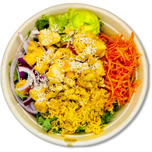 A vibrant Salad Fox bowl with chicken, rice, avocado, shredded carrots, red onion, and sesame seeds.